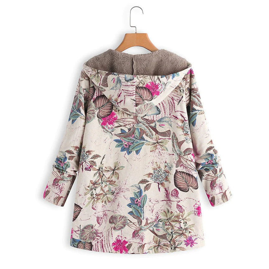 Marie | Damen Wintermantel mit Blumenmuster und Kapuze