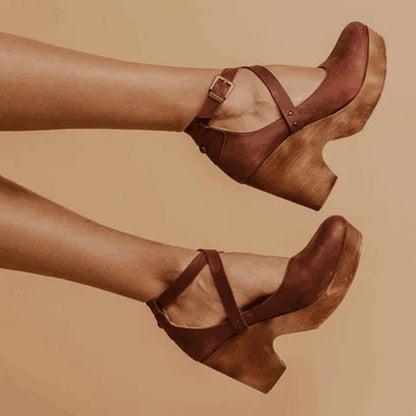 Claudia | Damen Holz-Absatz-Schuhe mit Knöchelriemen