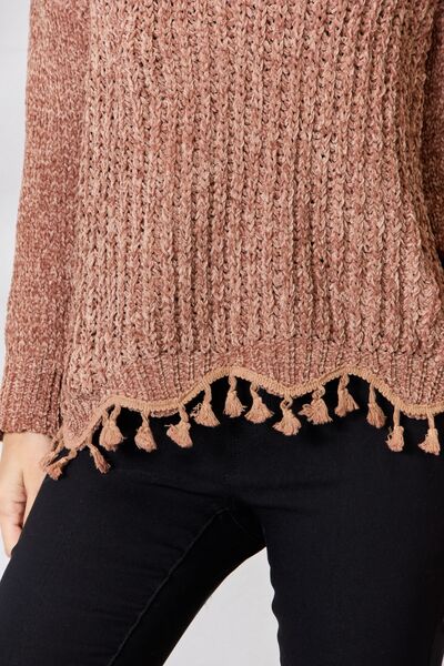 Magdalena | Damen Winter Strickpullover mit Fransen Saum