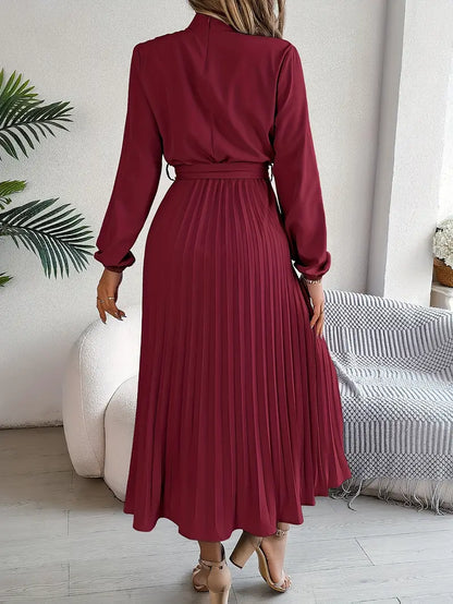 Frieda | Damen Midikleid mit hohem Kragen, Falten und Gürtel