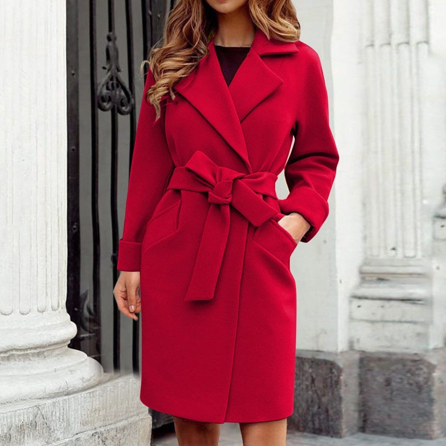 Sandra | Damen Langer Mantel mit Gürtel und Taschen