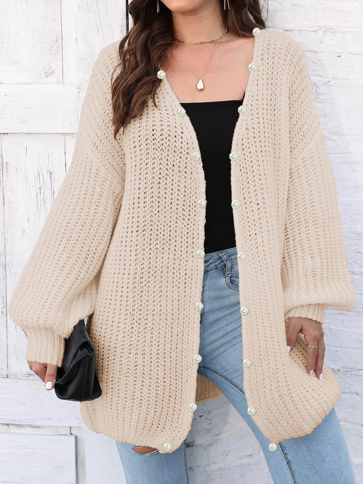 Renate | Damen Winter Button-Down Strickjacke mit Perlen