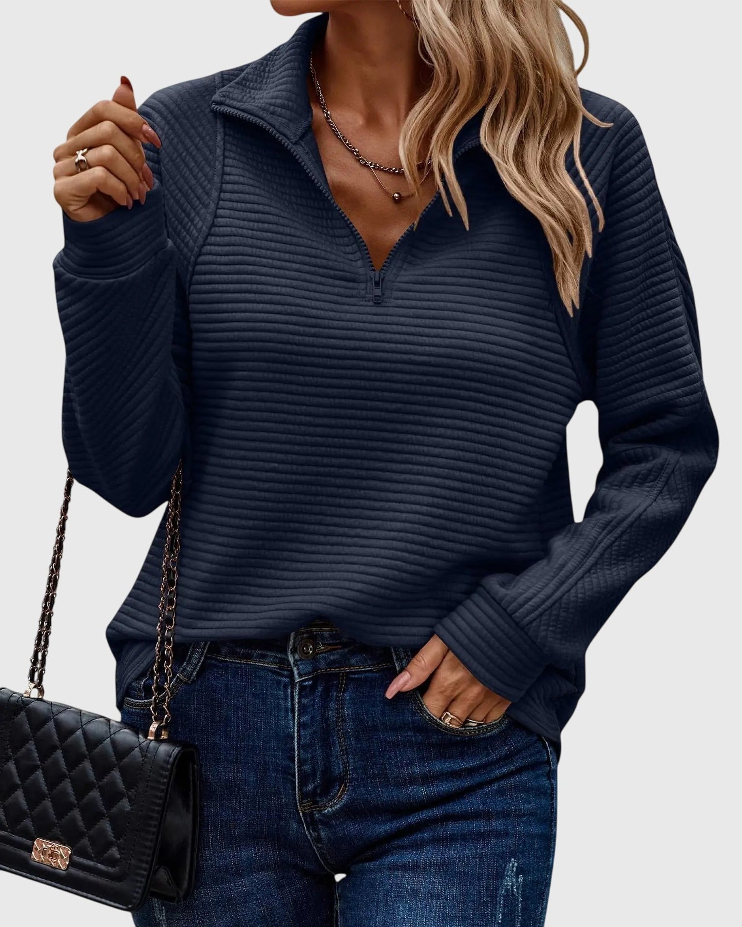 Emma | Damen Modischer Lockerer Reißverschluss-Pullover