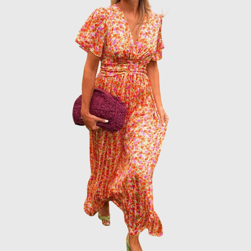 Leonie | Damen Maxikleid mit Blumenmuster und Kurzärmeln