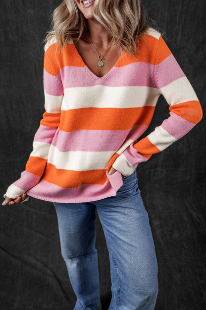 Julia | Damen Winter V-Ausschnitt Gestreifter Pullover