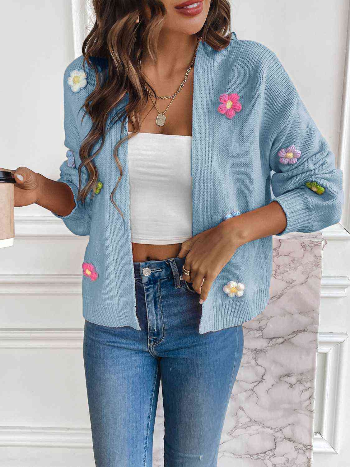 Melanie | Damen Winter Blumen Offener Cardigan