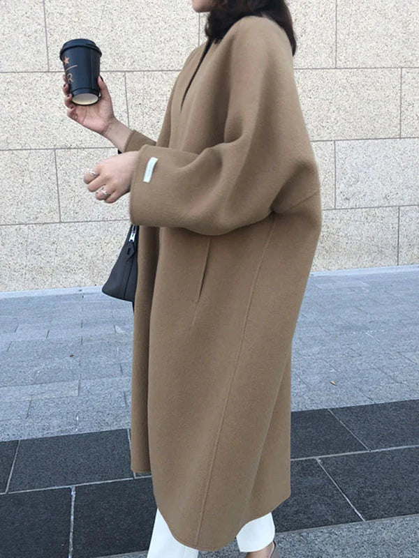 Nadine | Damen Lange Mantel mit Offener Vorderseite und Taschen
