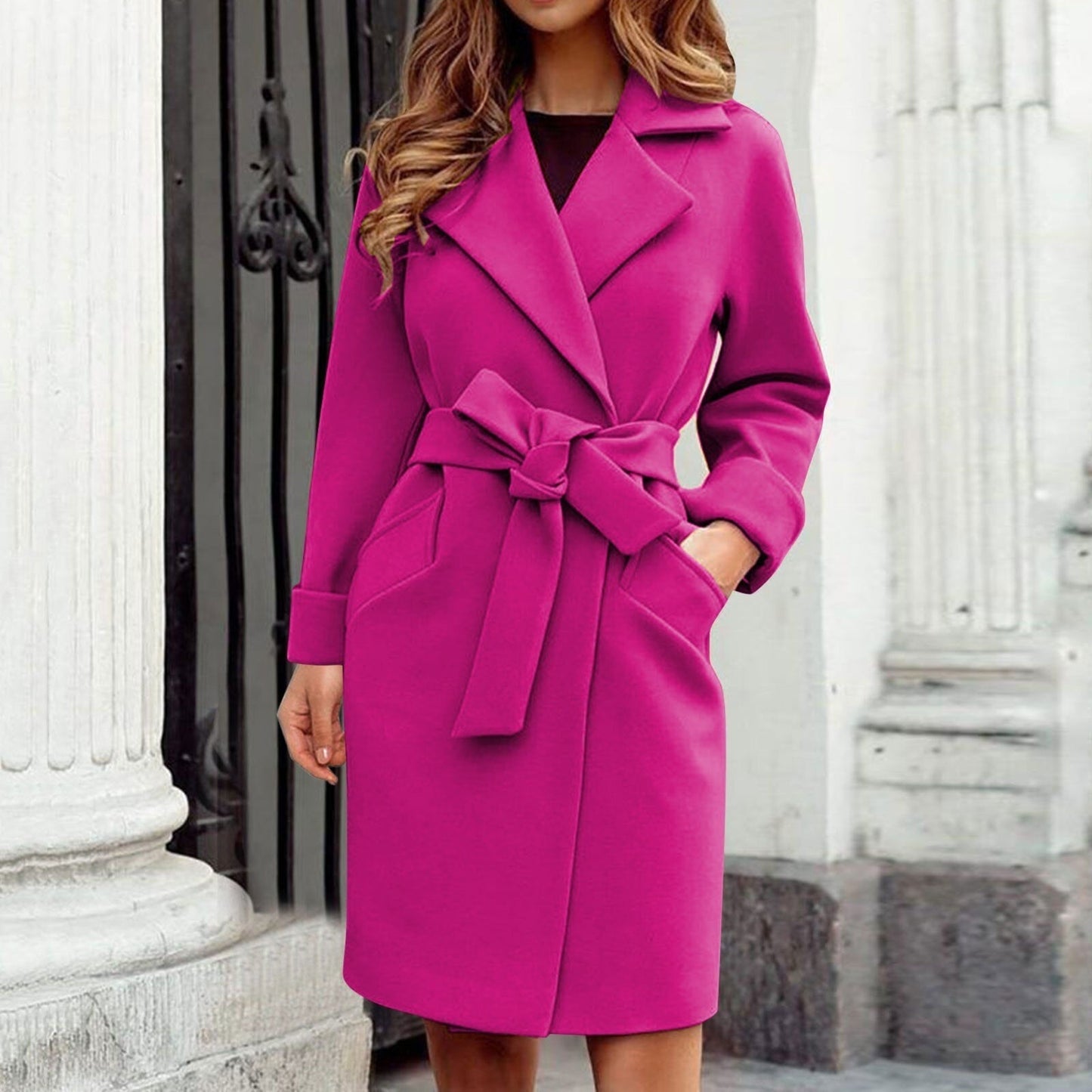 Sandra | Damen Langer Mantel mit Gürtel und Taschen