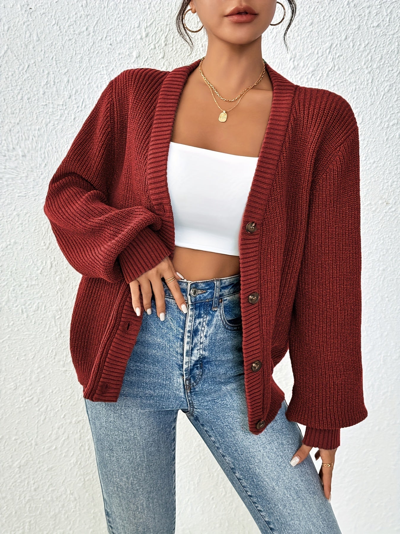 Claudia | Damen Winter Strickjacke mit Knöpfen und Rippstruktur