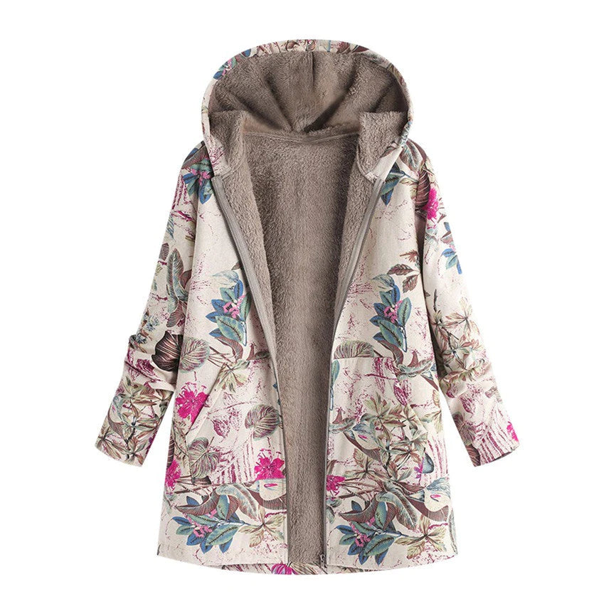 Marie | Damen Wintermantel mit Blumenmuster und Kapuze