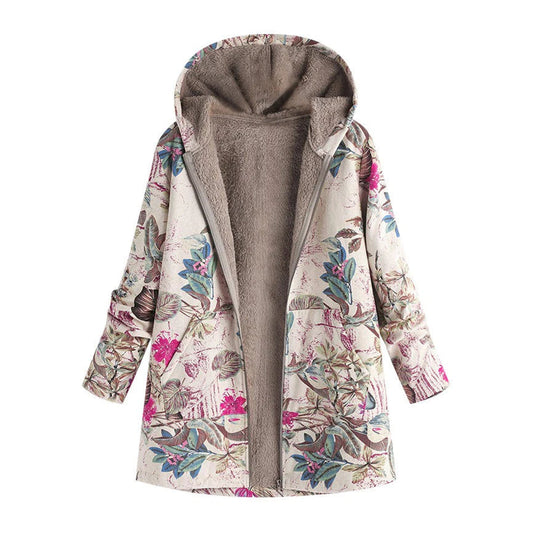 Marie | Damen Wintermantel mit Blumenmuster und Kapuze