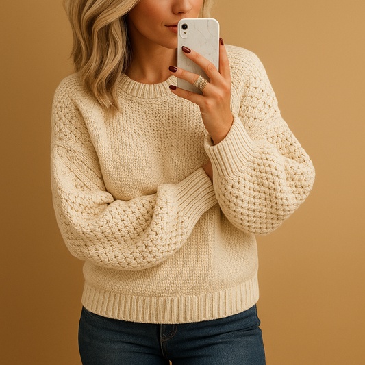 Sabine | Damen Kuscheliger Gestrickter Winterpullover mit Ballonärmeln