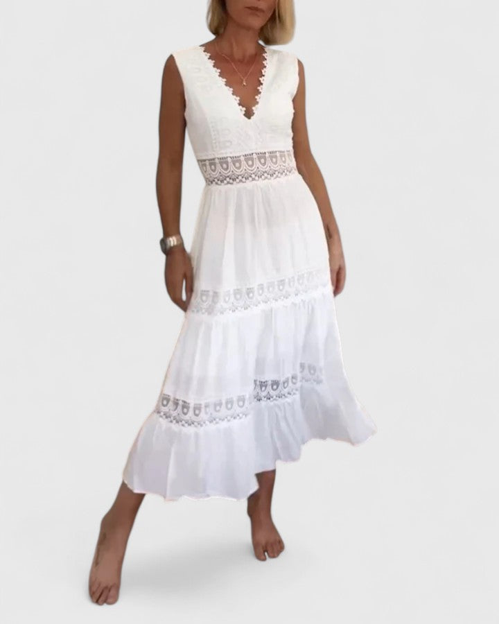 Leonie | Damen Lässiges Midikleid mit V-Ausschnitt und Spitze