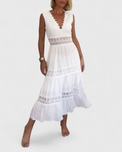 Leonie | Damen Lässiges Midikleid mit V-Ausschnitt und Spitze