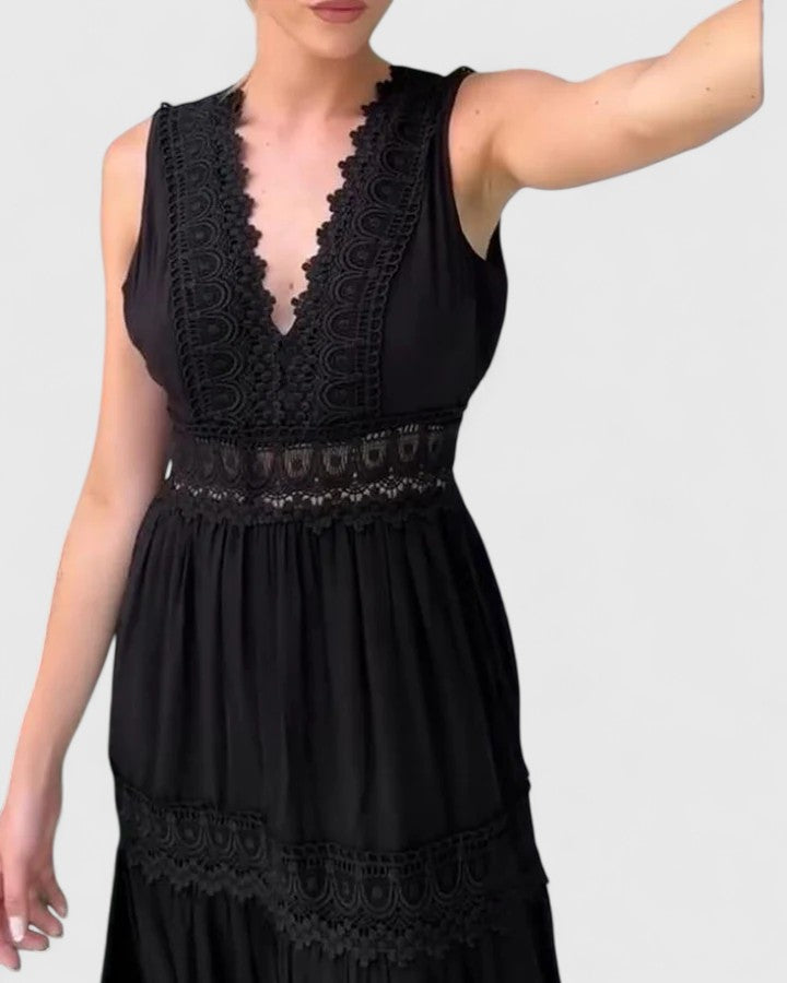 Leonie | Damen Lässiges Midikleid mit V-Ausschnitt und Spitze