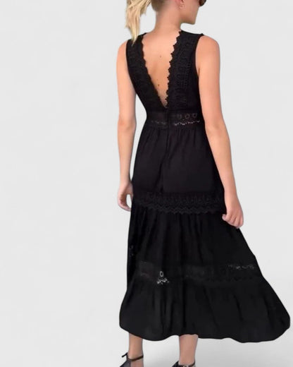 Leonie | Damen Lässiges Midikleid mit V-Ausschnitt und Spitze