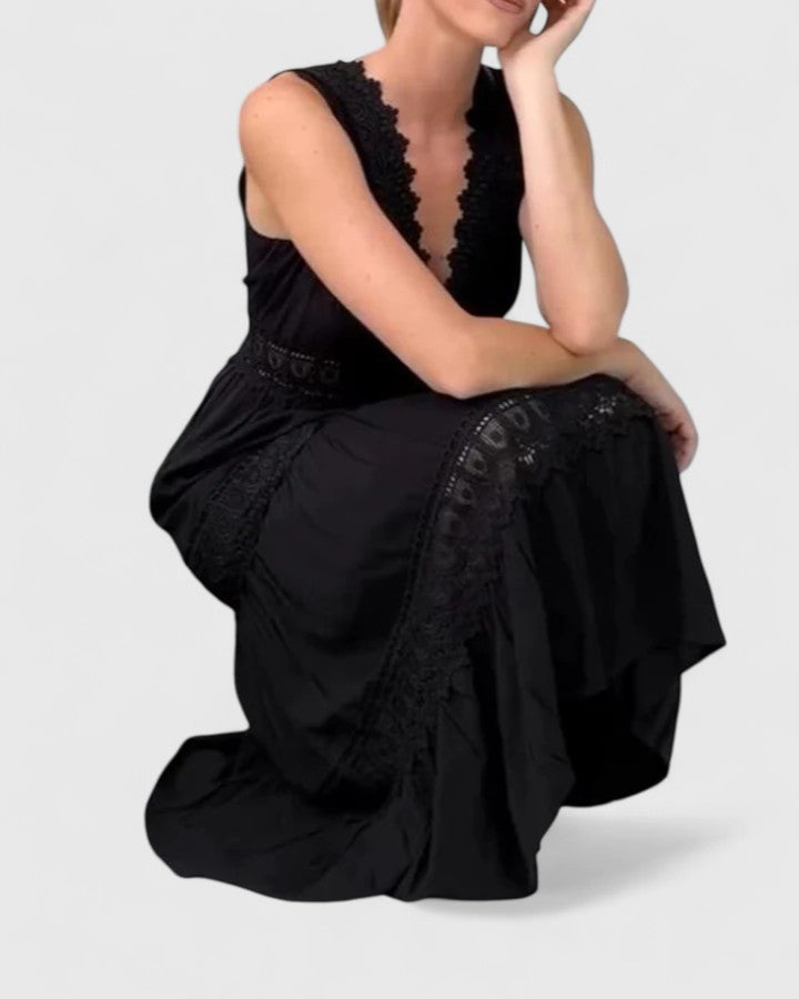 Leonie | Damen Lässiges Midikleid mit V-Ausschnitt und Spitze