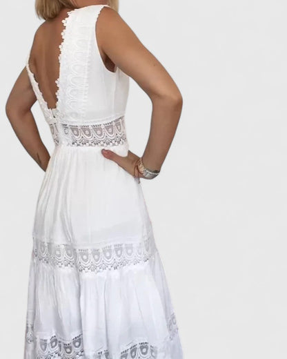 Leonie | Damen Lässiges Midikleid mit V-Ausschnitt und Spitze