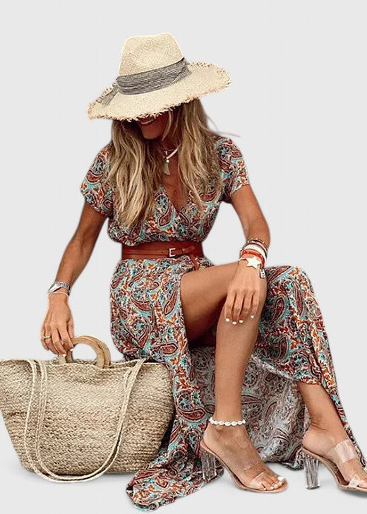 Natalie | Damen Lässiges Boho-Maxikleid mit V-Ausschnitt