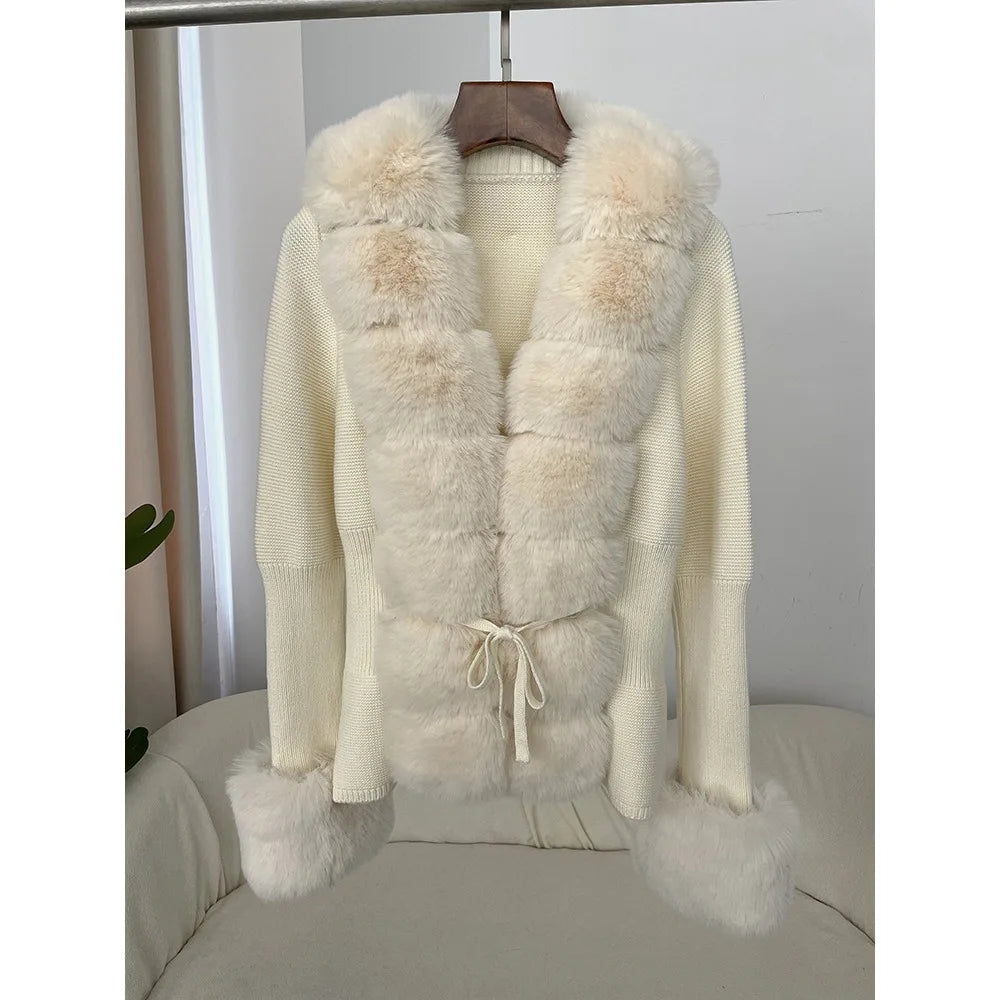 Lydia | Damen Winter Strickcardigan mit Kunstpelz-Besatz