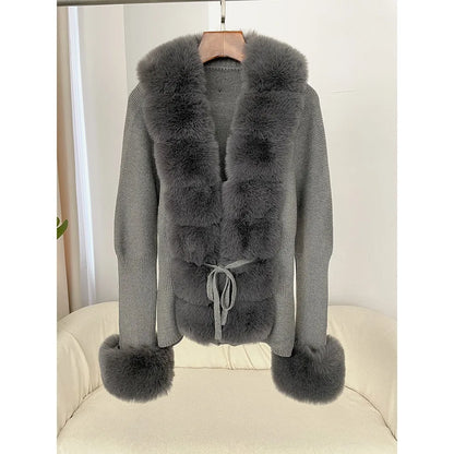 Lydia | Damen Winter Strickcardigan mit Kunstpelz-Besatz