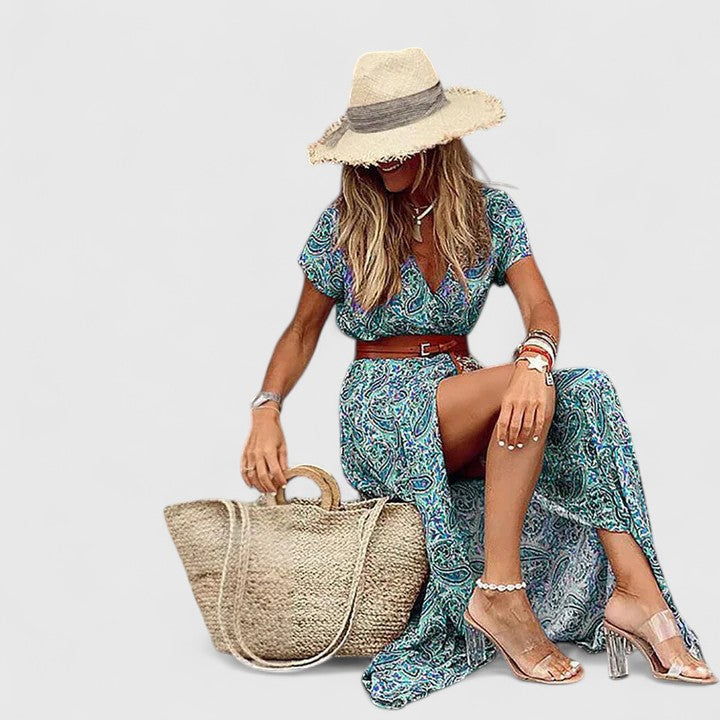 Natalie | Damen Lässiges Boho-Maxikleid mit V-Ausschnitt