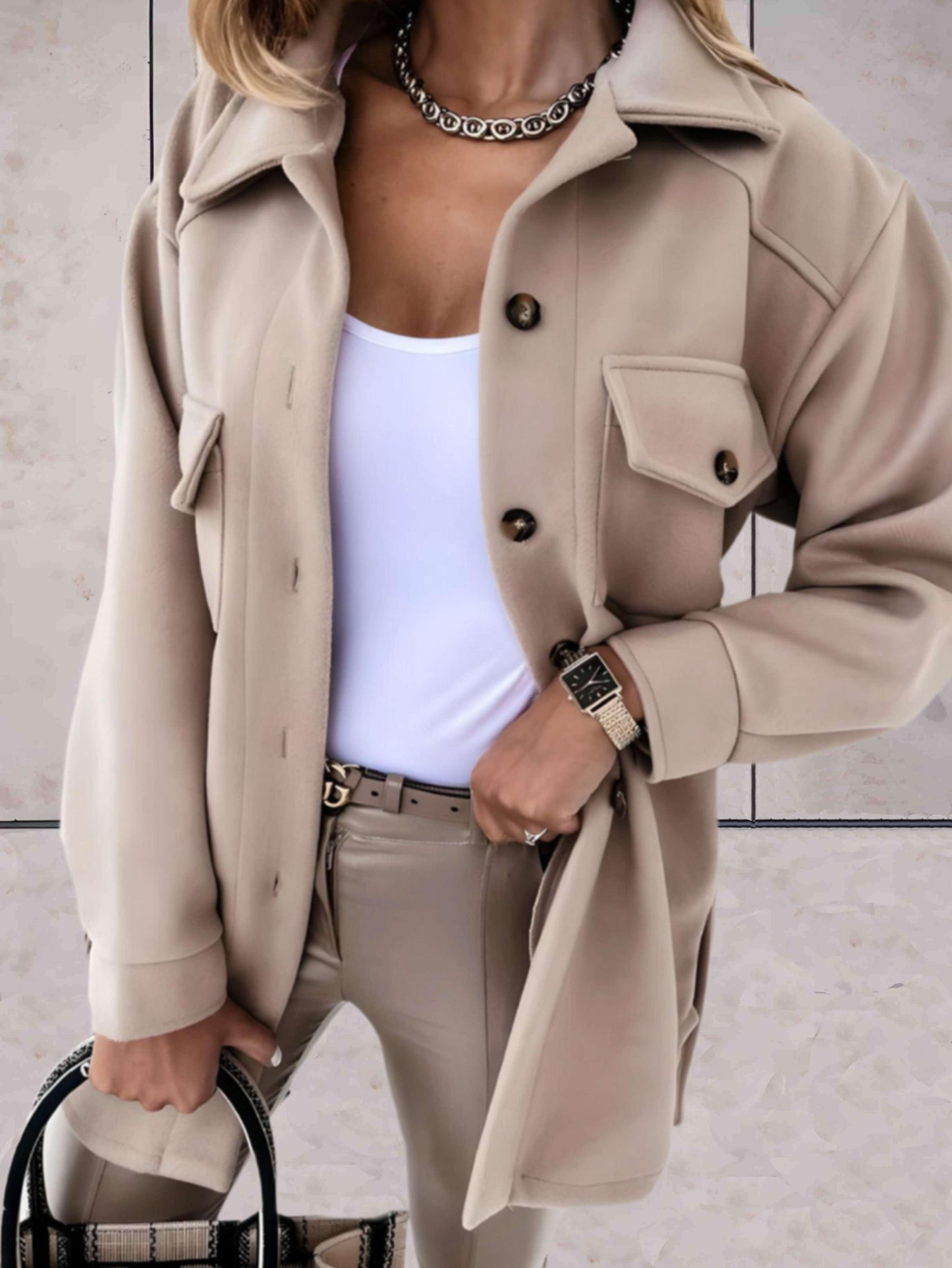 Karin | Damen Casual Mantel mit Knopfleiste und Taschen