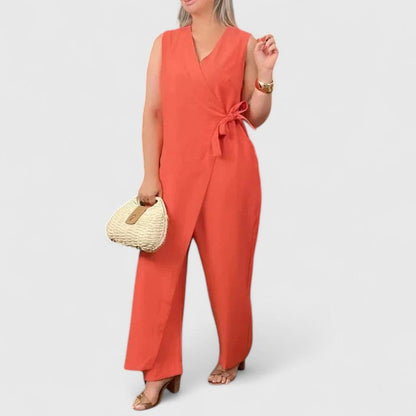 Johanna | Damen Ärmelloser Jumpsuit mit V-Ausschnitt und Gürtel
