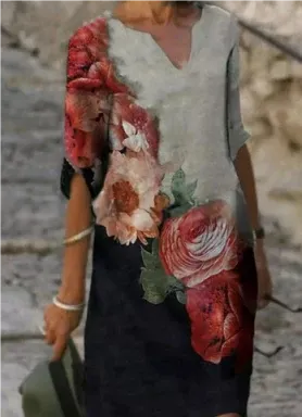 Beatrice | Damen Kleid mit abstraktem Porträt und V-Ausschnitt